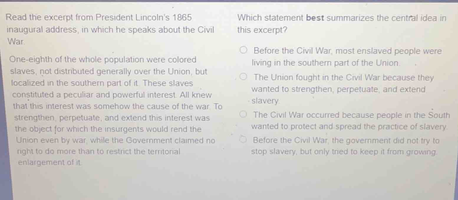 read the excerpt from president lincolns 1865 inaugural address, in whi…