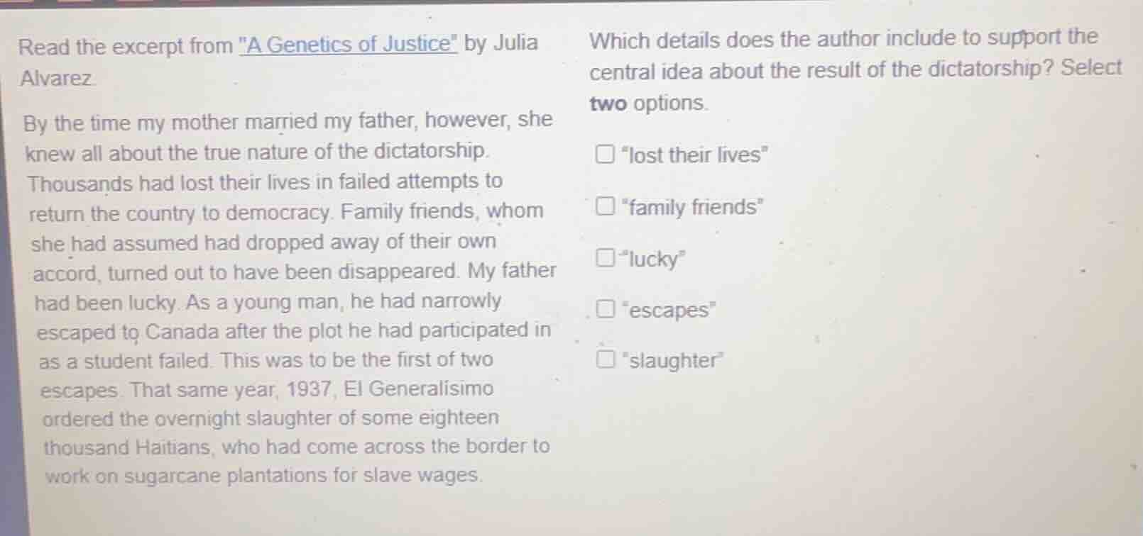 read the excerpt from \a genetics of justice\ by julia alvarez by the t…