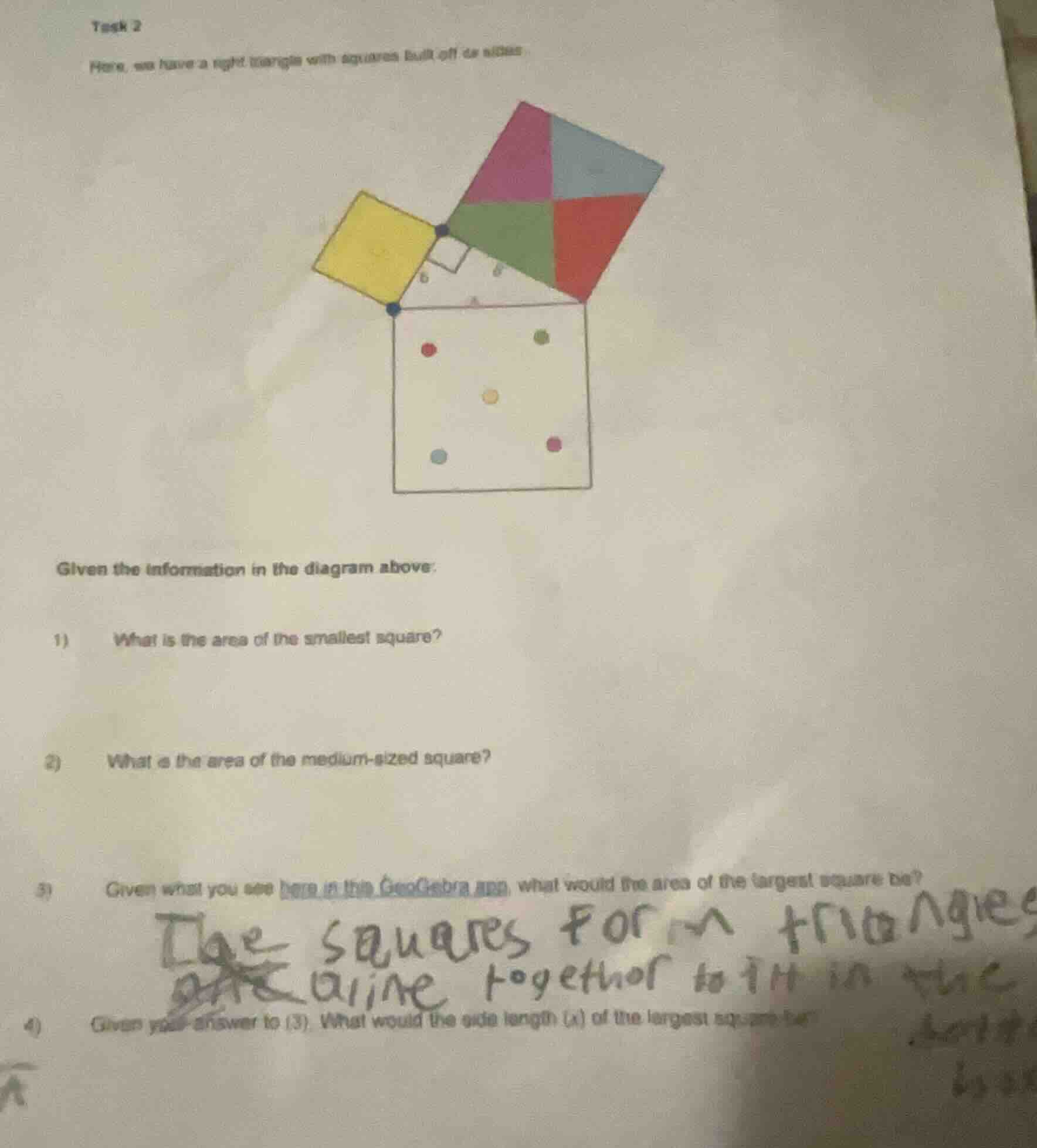 task 2 here, we have a right triangle with squares built off its sides.…