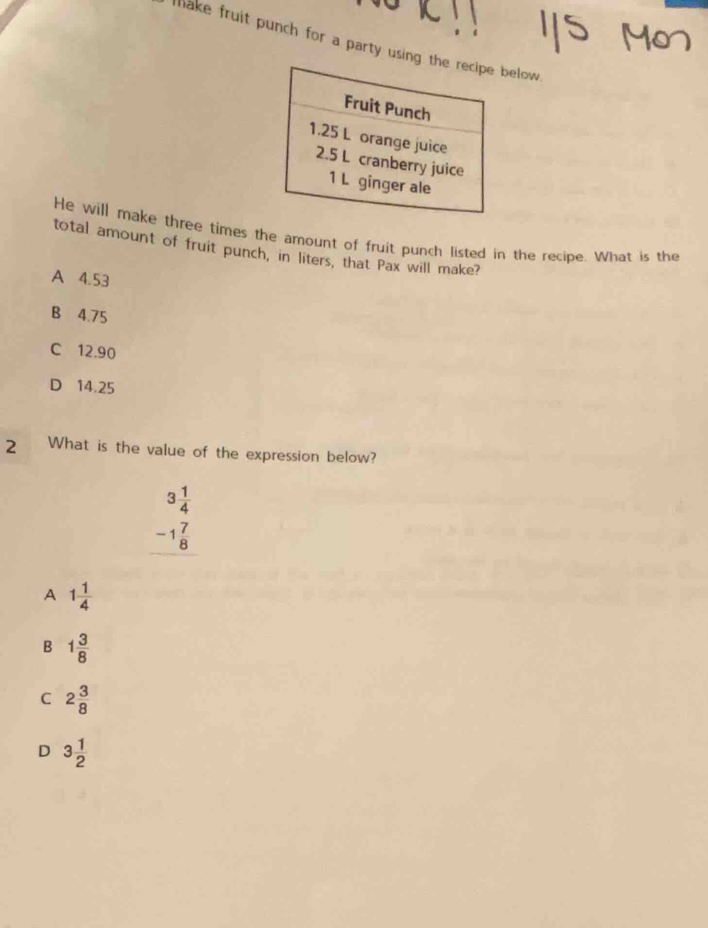 make fruit punch for a party using the recipe below. fruit punch 1.25 l…