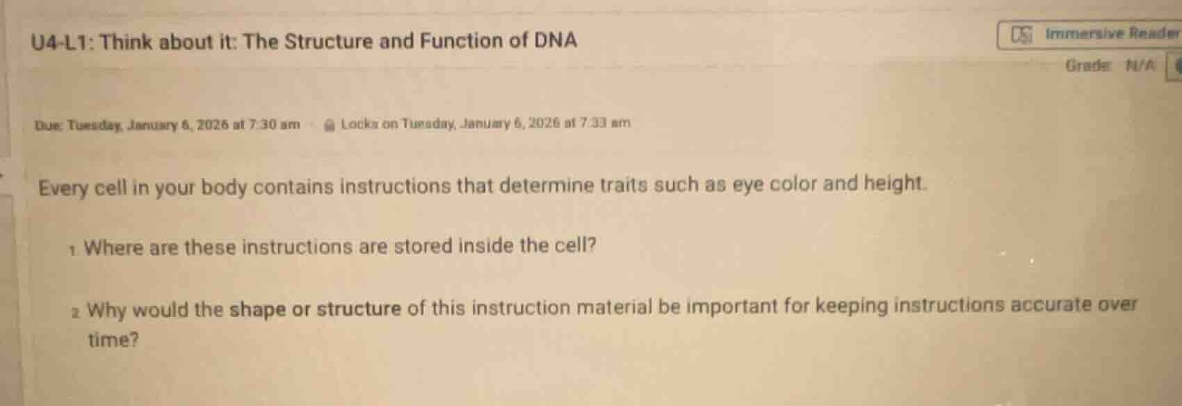 u4-l1: think about it: the structure and function of dna grade: n/a due…