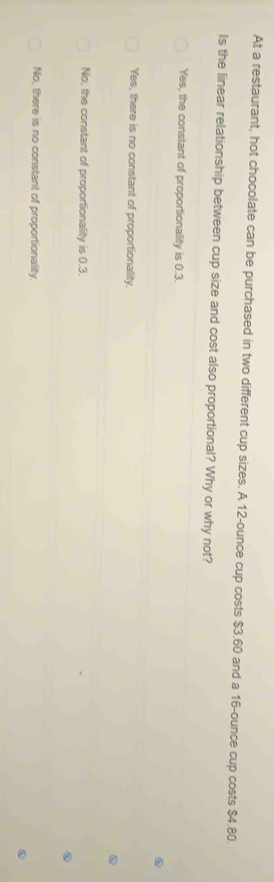 at a restaurant, hot chocolate can be purchased in two different cup si…