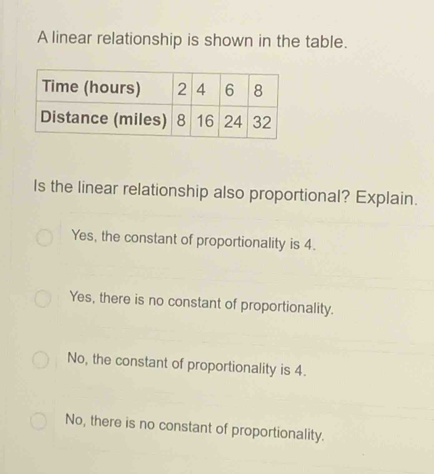 a linear relationship is shown in the table. time (hours) | 2 | 4 | 6 |…