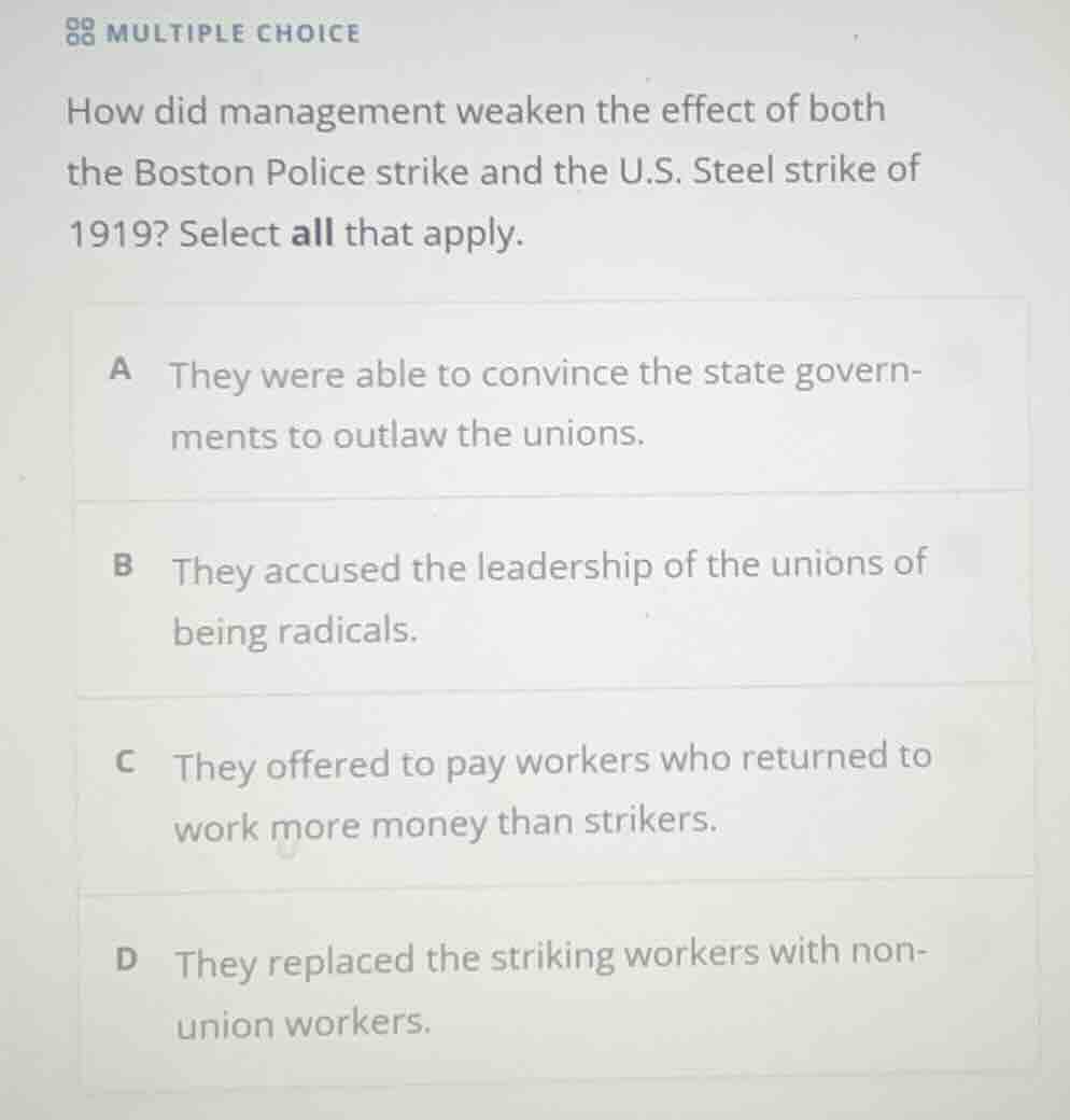 multiple choice how did management weaken the effect of both the boston…