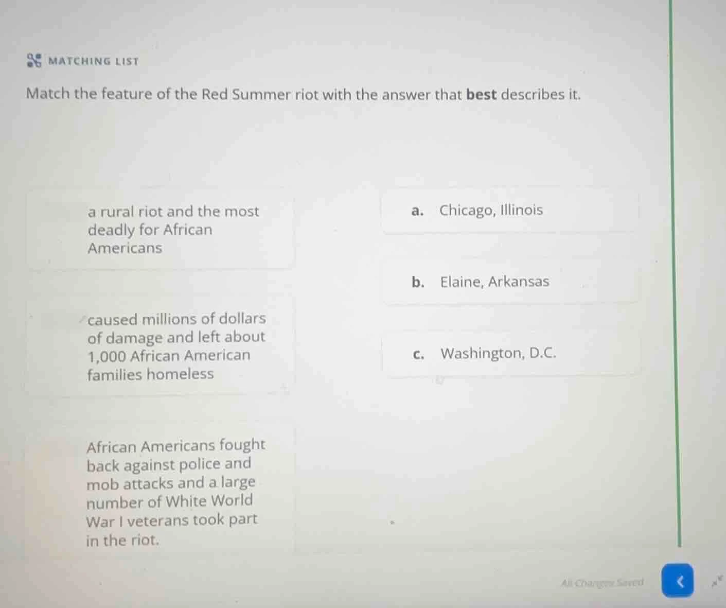 matching list match the feature of the red summer riot with the answer …