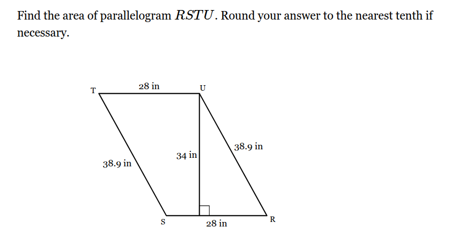 find the area of parallelogram rstu. round your answer to the nearest t…