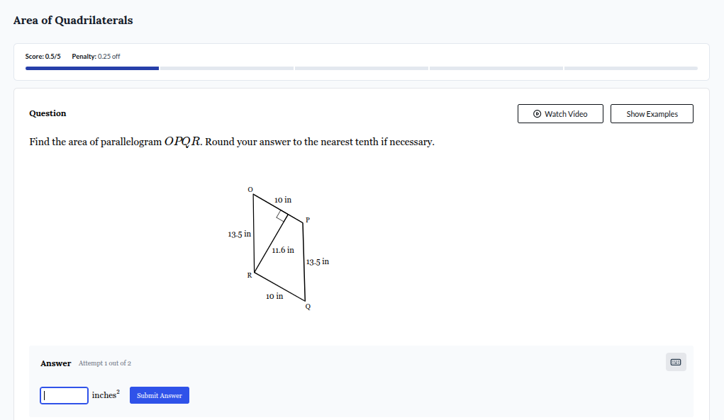 area of quadrilaterals score: 0.5/5 penalty: 0.25 off question find the…