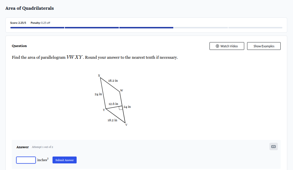 area of quadrilaterals score: 2.25/5 penalty: 0.25 off question find th…