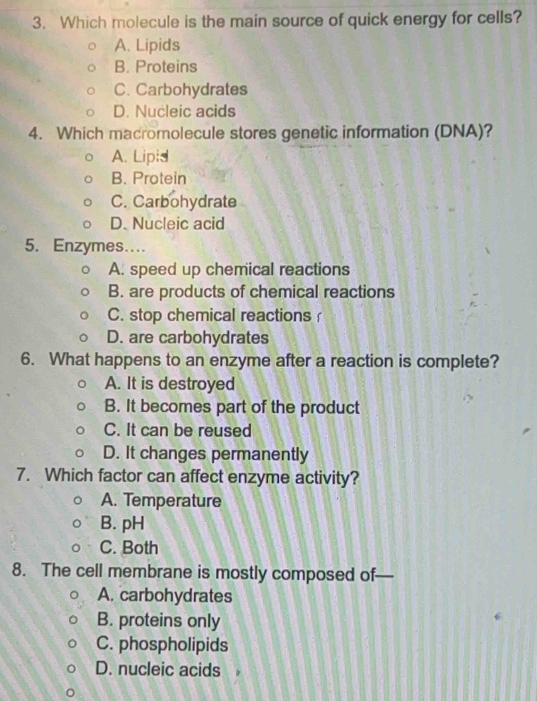 3. which molecule is the main source of quick energy for cells? a. lipi…
