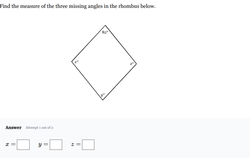 find the measure of the three missing angles in the rhombus below. (ima…