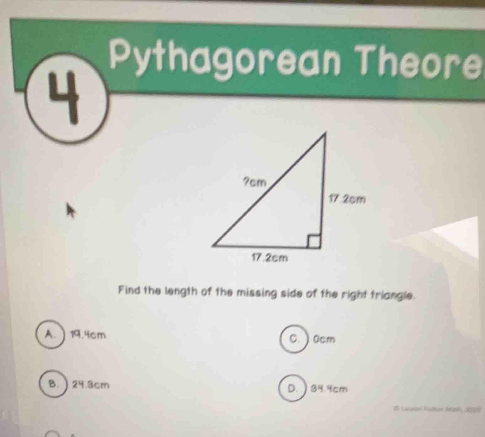 4 pythagorean theore ?cm 17.2cm 17.2cm find the length of the missing s…