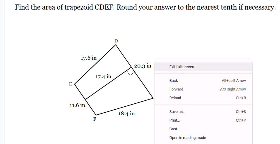 find the area of trapezoid cdef. round your answer to the nearest tenth…