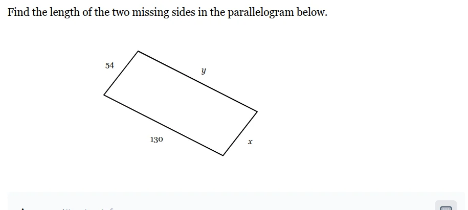 find the length of the two missing sides in the parallelogram below. im…