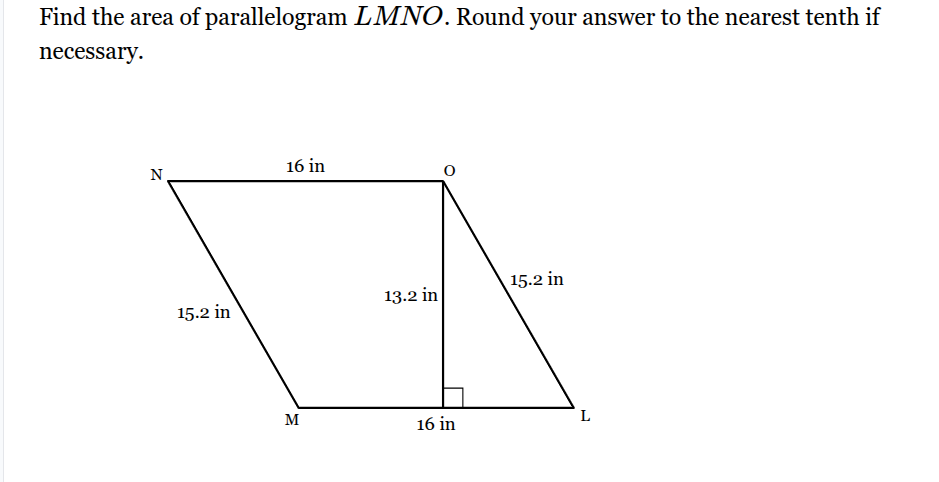 find the area of parallelogram lmno. round your answer to the nearest t…