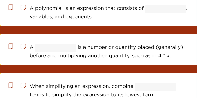 a polynomial is an expression that consists of ______, variables, and e…