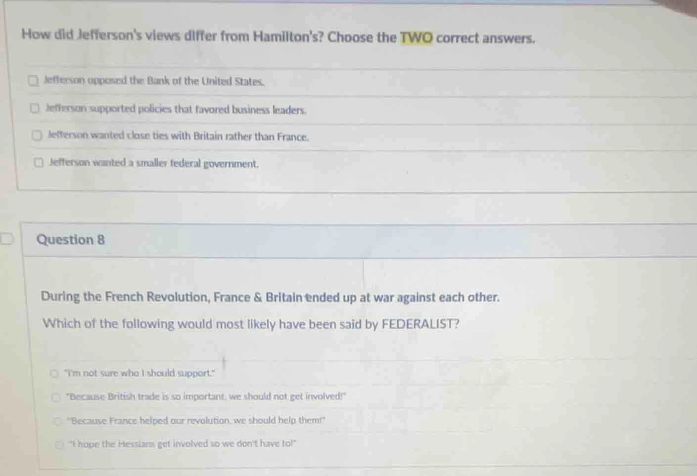 how did jeffersons views differ from hamiltons? choose the two correct …