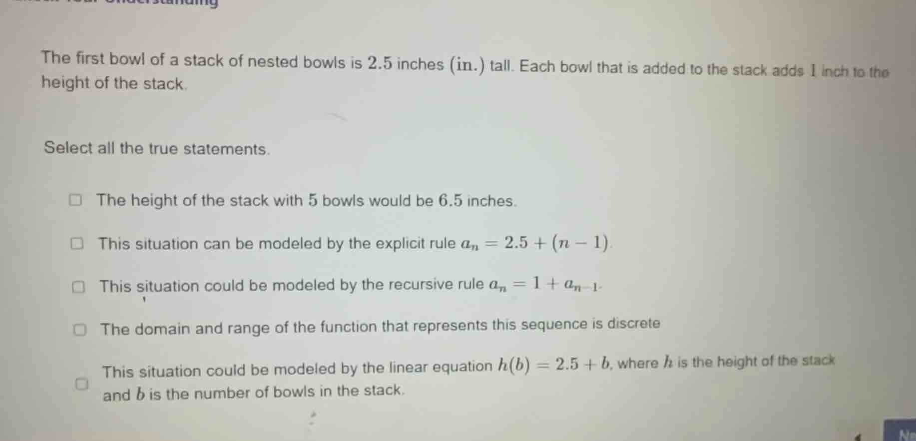 the first bowl of a stack of nested bowls is 2.5 inches (in.) tall. eac…