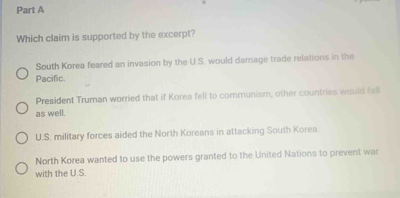 part a which claim is supported by the excerpt? ○ south korea feared an…