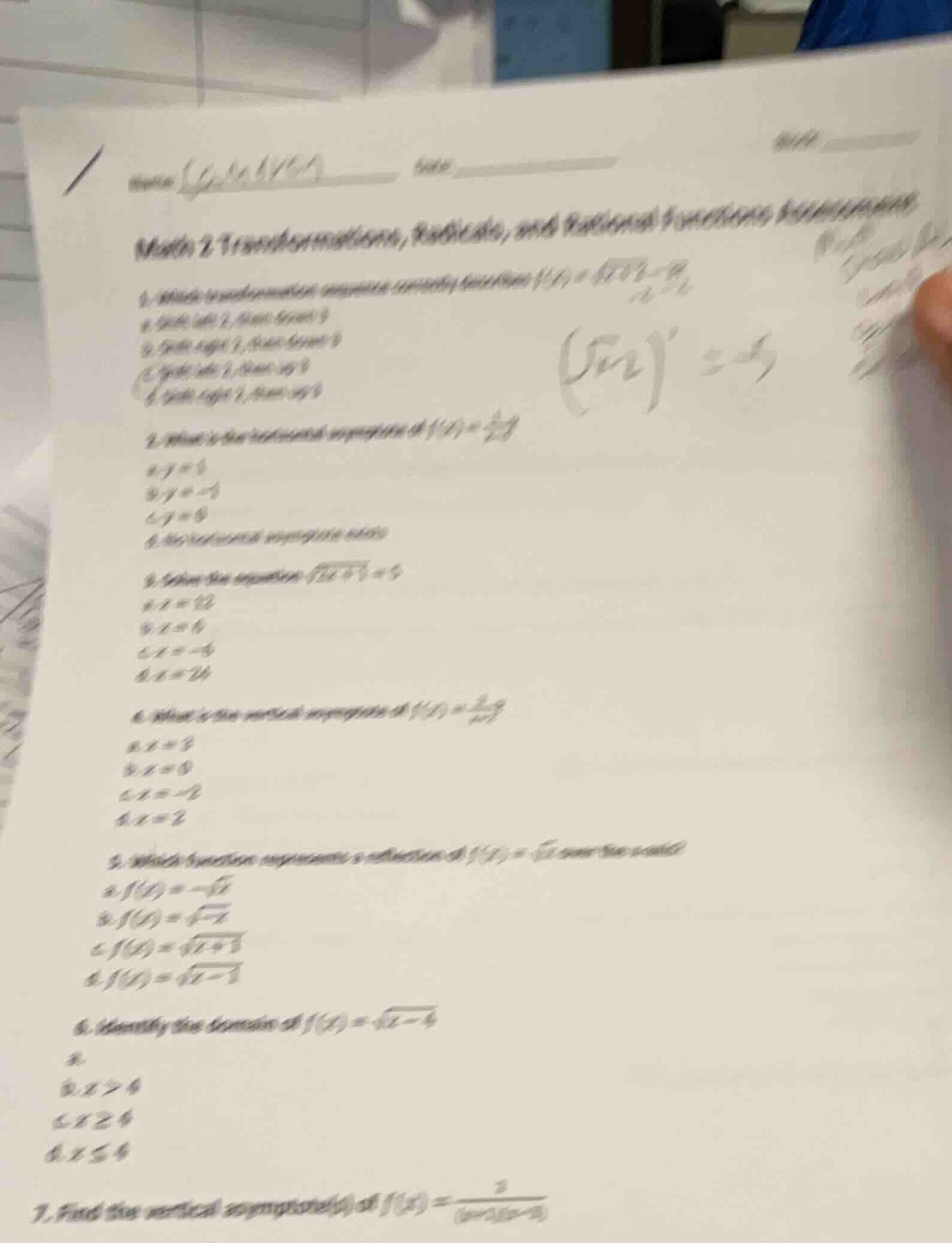 math 2: transformations, radicals, and rational functions assessment 1.…