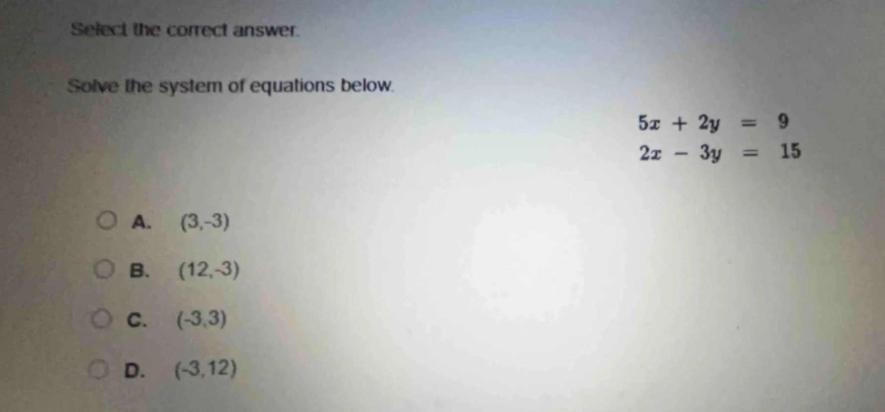 select the correct answer. solve the system of equations below. $5x + 2…