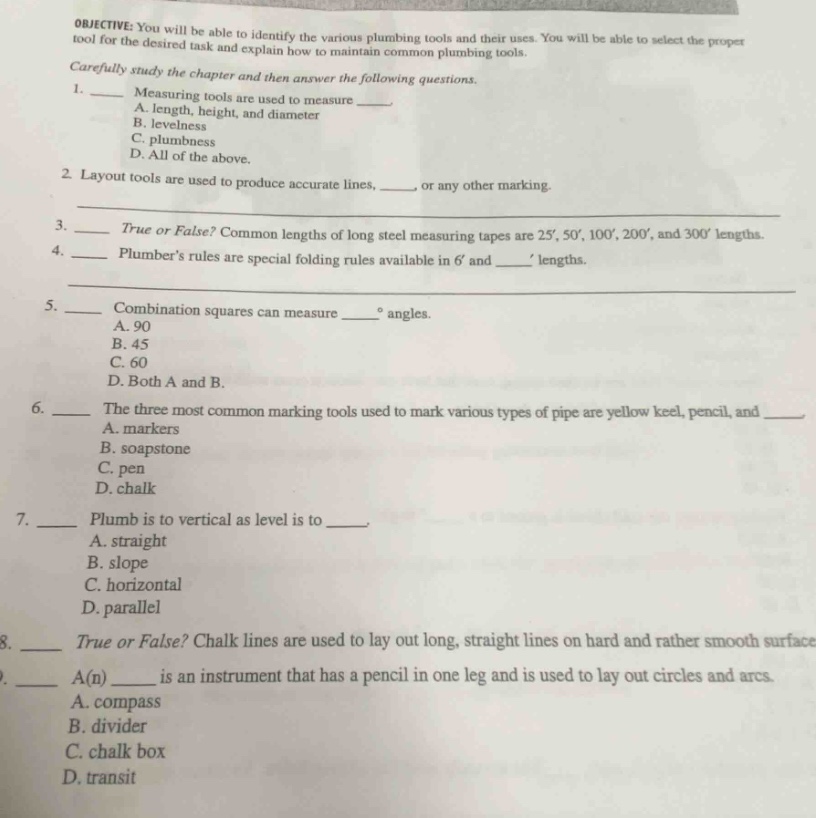 objective: you will be able to identify the various plumbing tools and …