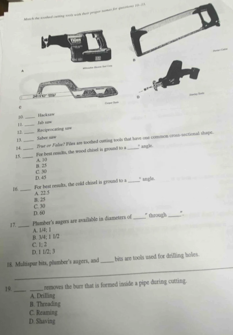 match the toothed cutting tools with their proper names for questions 1…