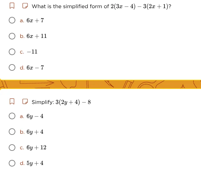 what is the simplified form of $2(3x - 4) - 3(2x + 1)$? a. $6x + 7$ b. …
