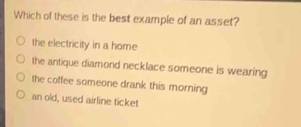 which of these is the best example of an asset? ○ the electricity in a …