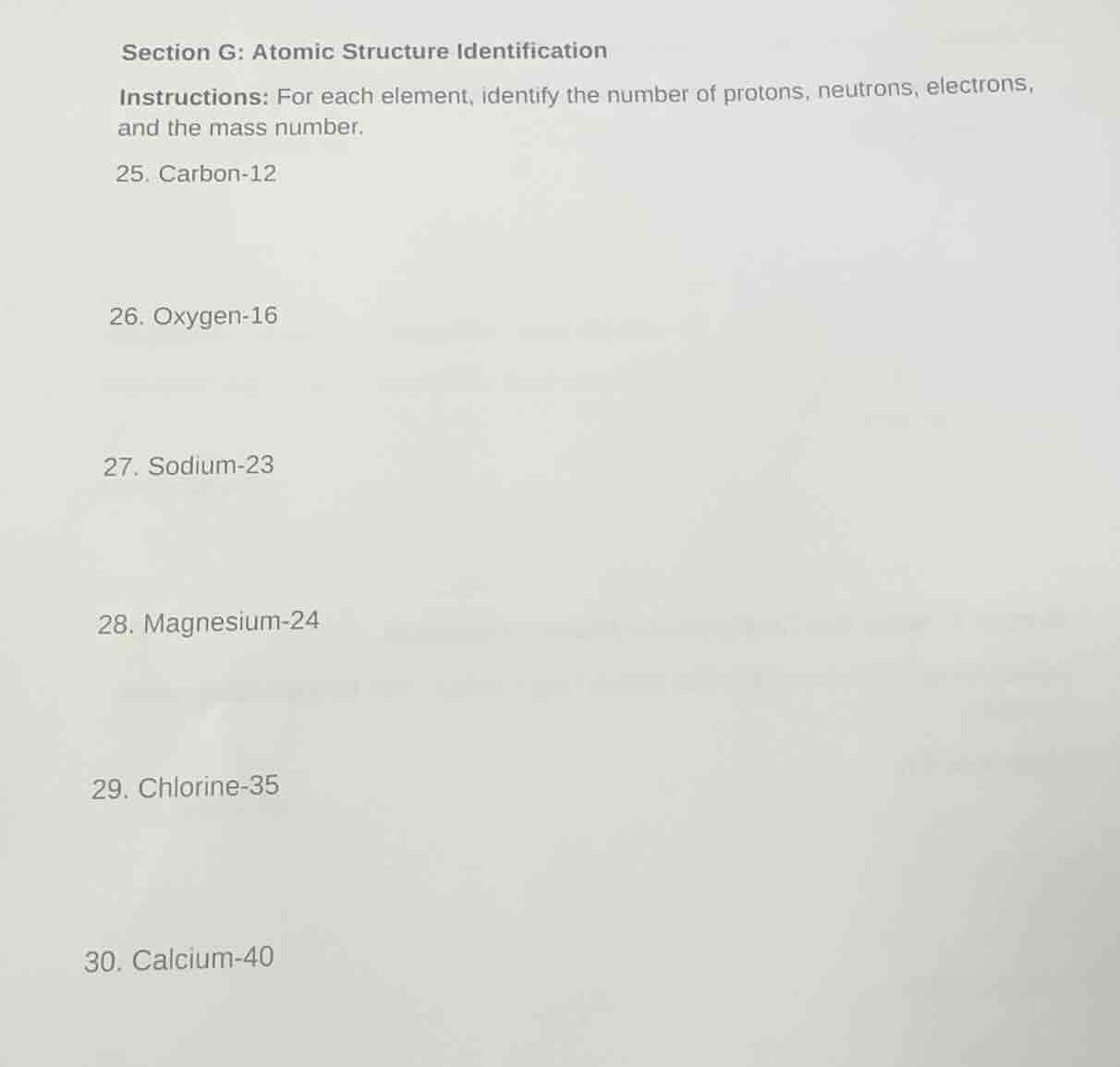 section g: atomic structure identification instructions: for each eleme…