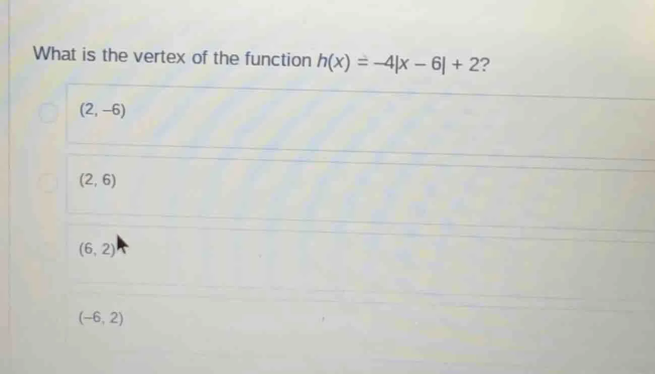 what is the vertex of the function $h(x) = -4|x - 6| + 2$? $(2, -6)$ $(…