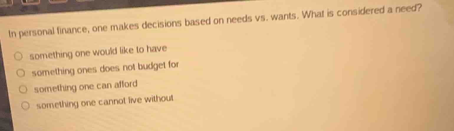 in personal finance, one makes decisions based on needs vs. wants. what…
