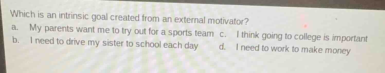 which is an intrinsic goal created from an external motivator? a. my pa…