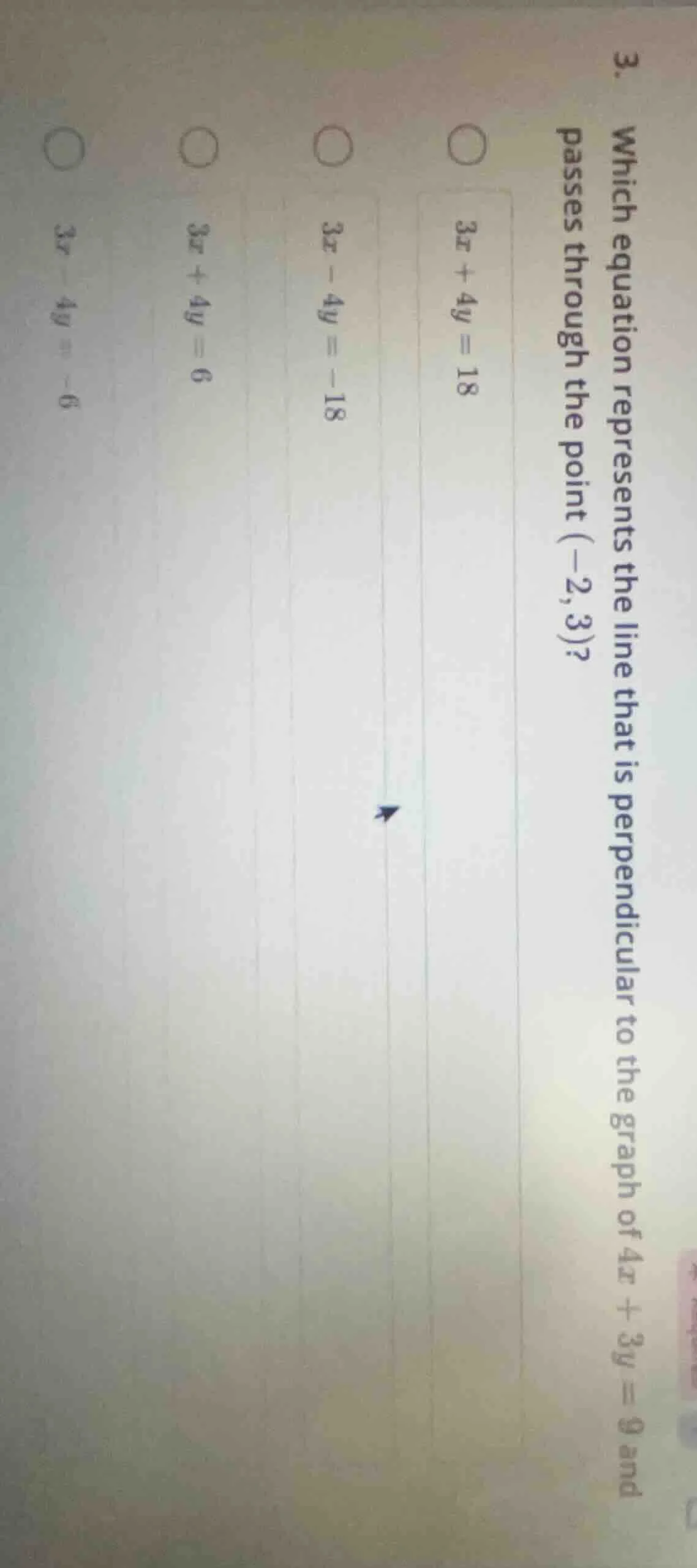 3. which equation represents the line that is perpendicular to the grap…