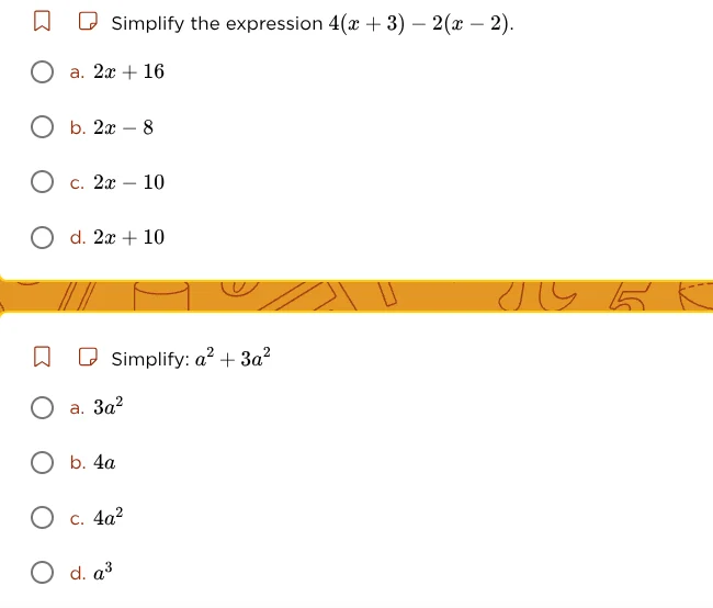 simplify the expression 4(x + 3) - 2(x - 2). a. 2x + 16 b. 2x - 8 c. 2x…