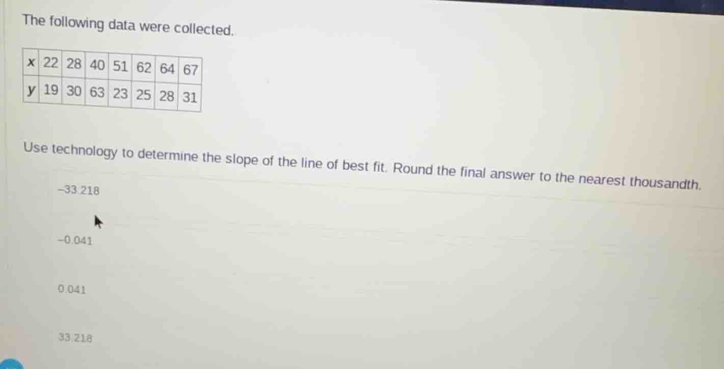 the following data were collected. | x | 22 | 28 | 40 | 51 | 62 | 64 | …
