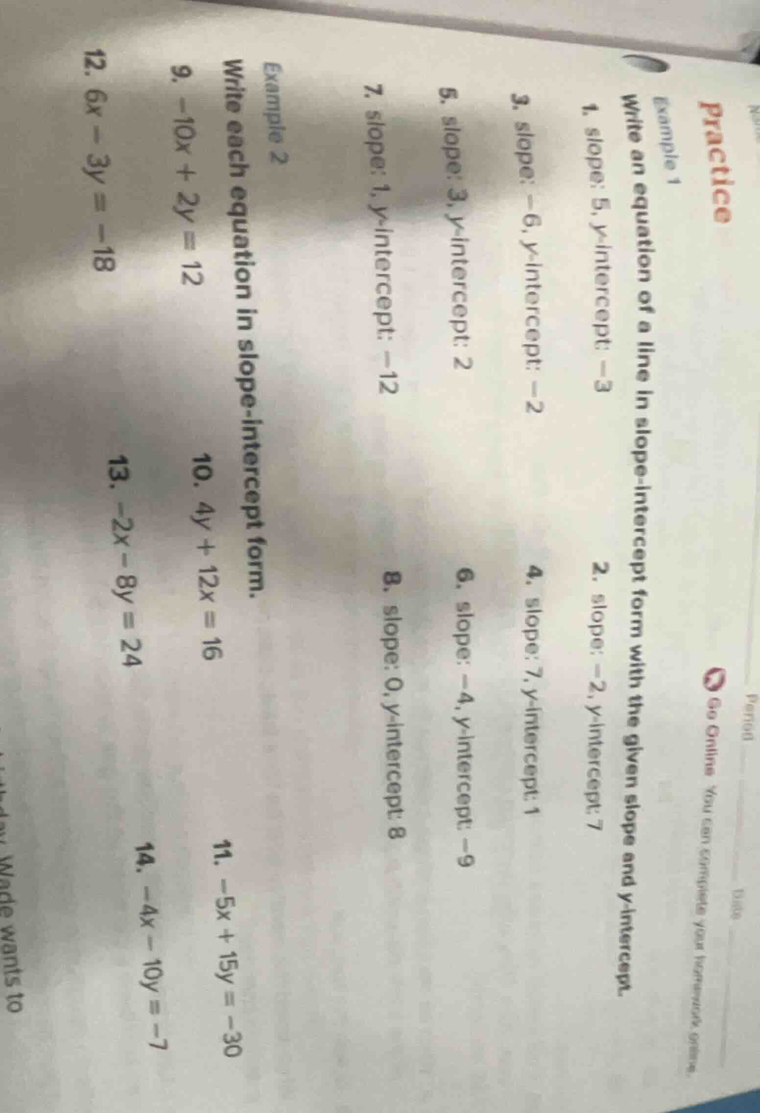 practice example 1 write an equation of a line in slope - intercept for…