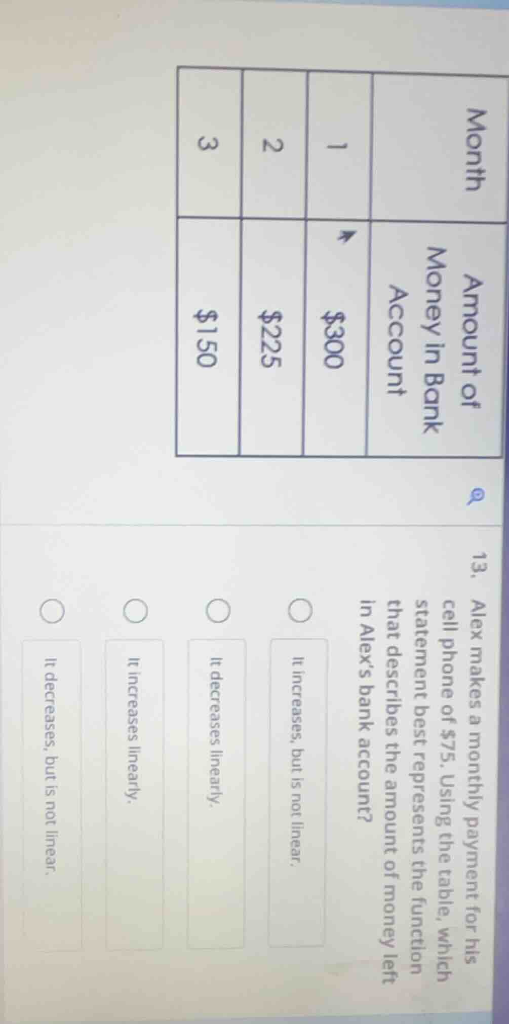 month | amount of money in bank account 1 | $300 2 | $225 3 | $150 13. …