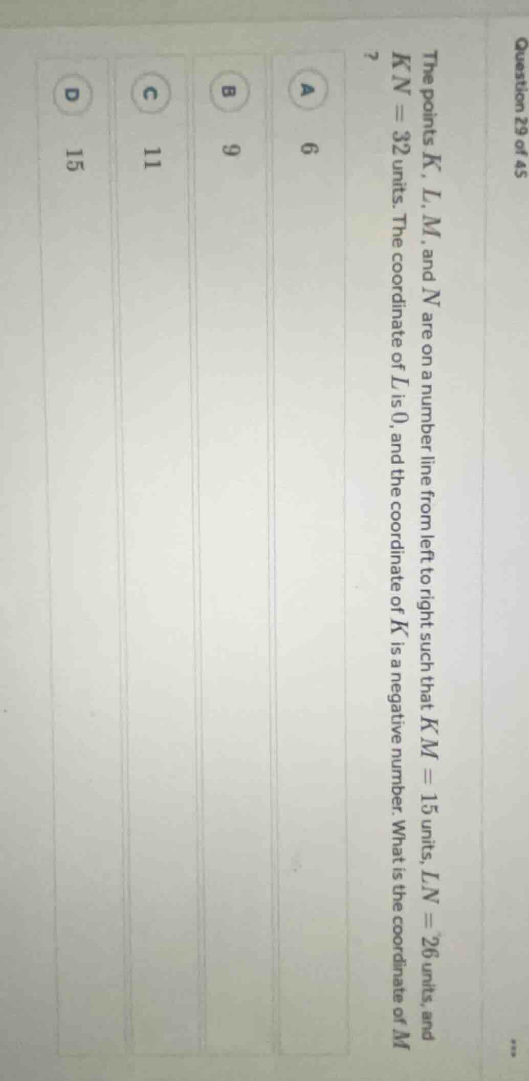 question 29 of 45 the points k, l, m, and n are on a number line from l…