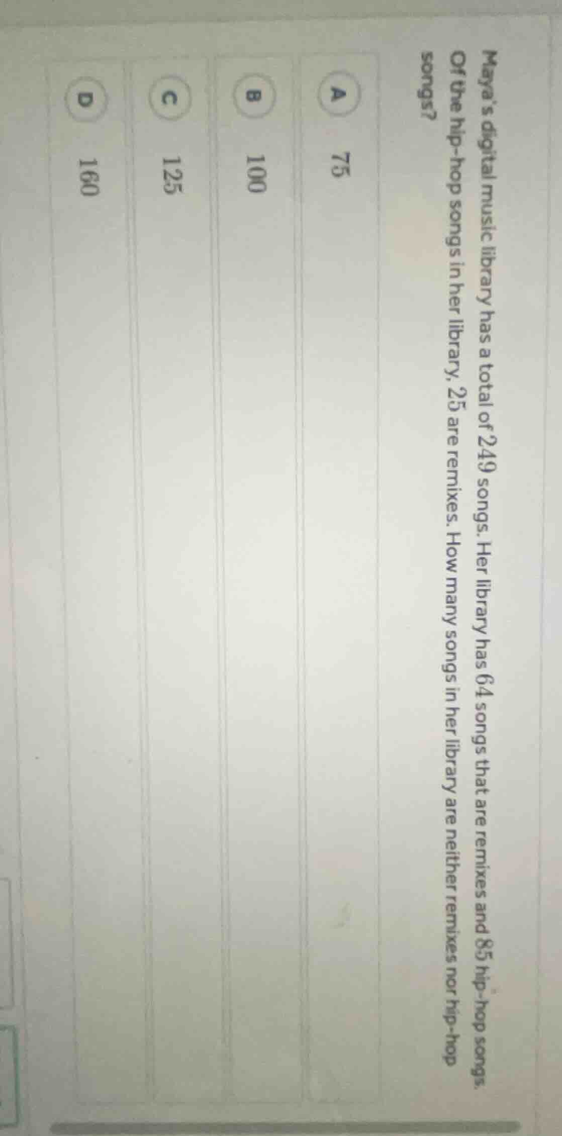 mayas digital music library has a total of 249 songs. her library has 6…