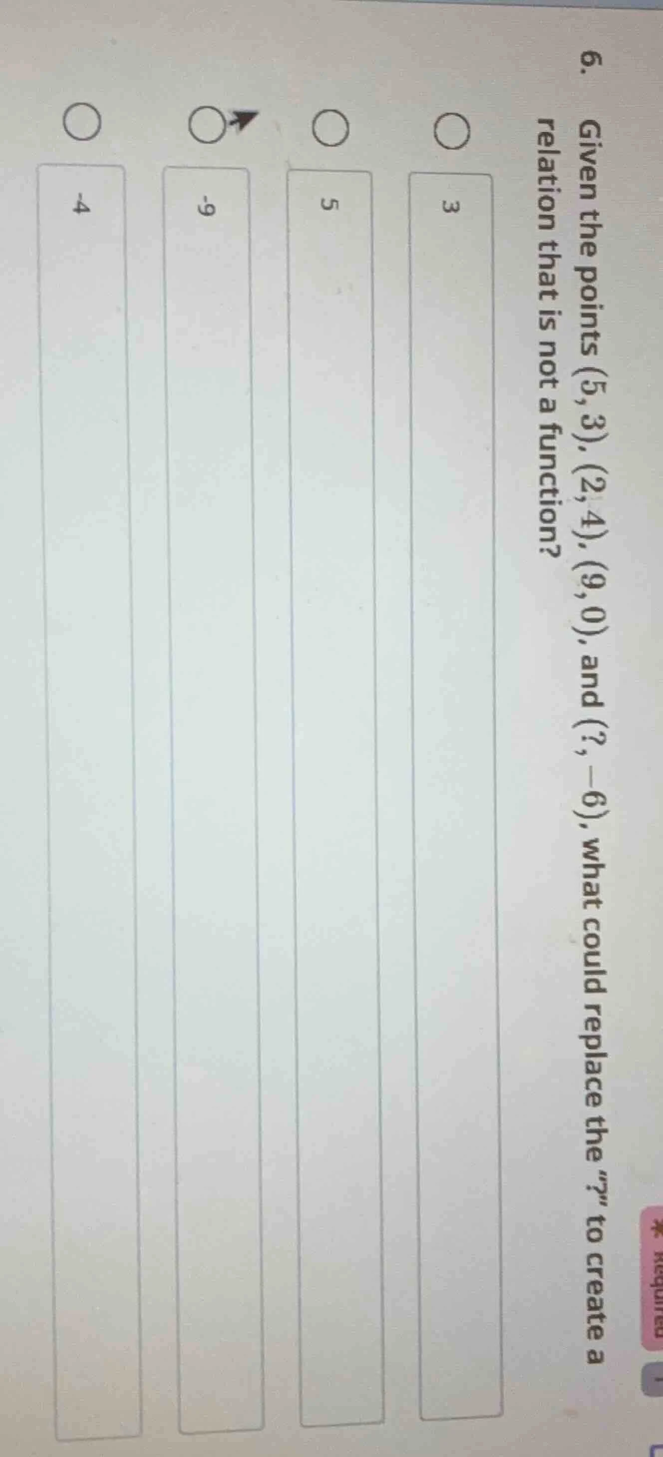 6. given the points (5, 3), (2, 4), (9, 0), and (?, -6), what could rep…
