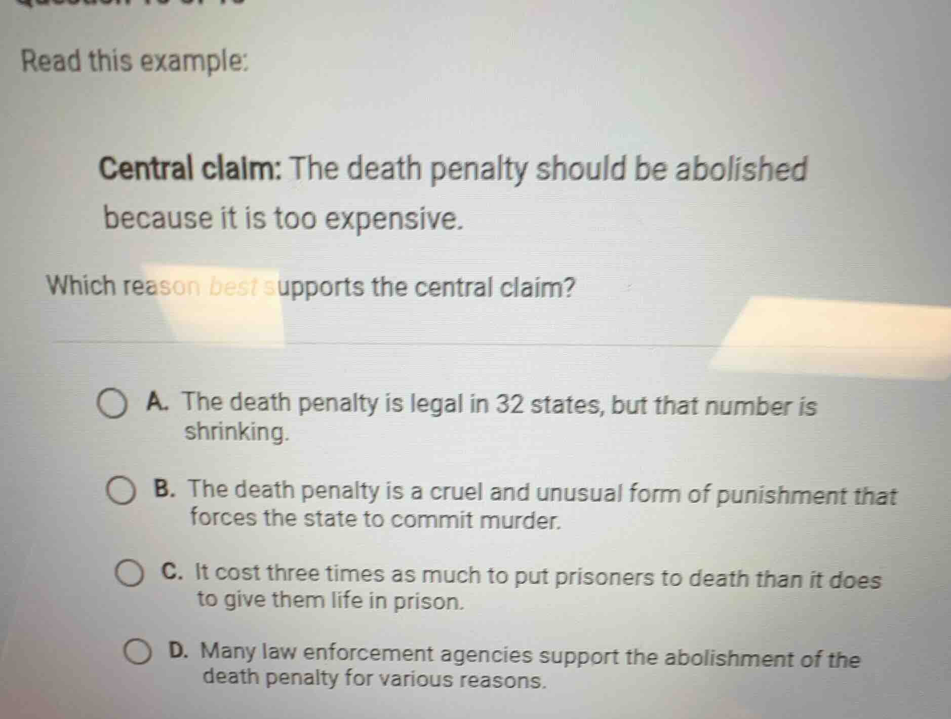 read this example: central claim: the death penalty should be abolished…