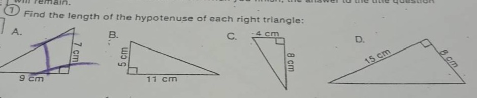 1 find the length of the hypotenuse of each right triangle: a. 9 cm 7 c…
