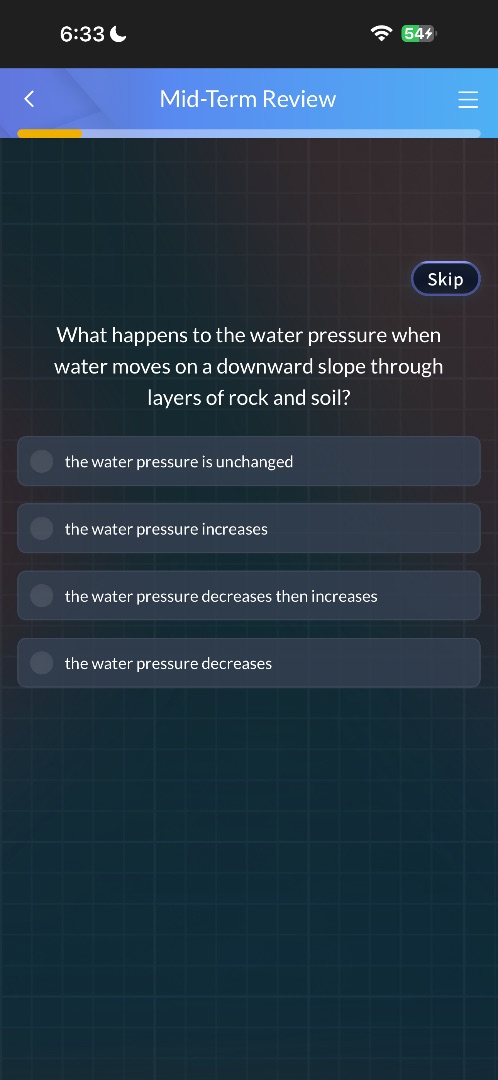 what happens to the water pressure when water moves on a downward slope…