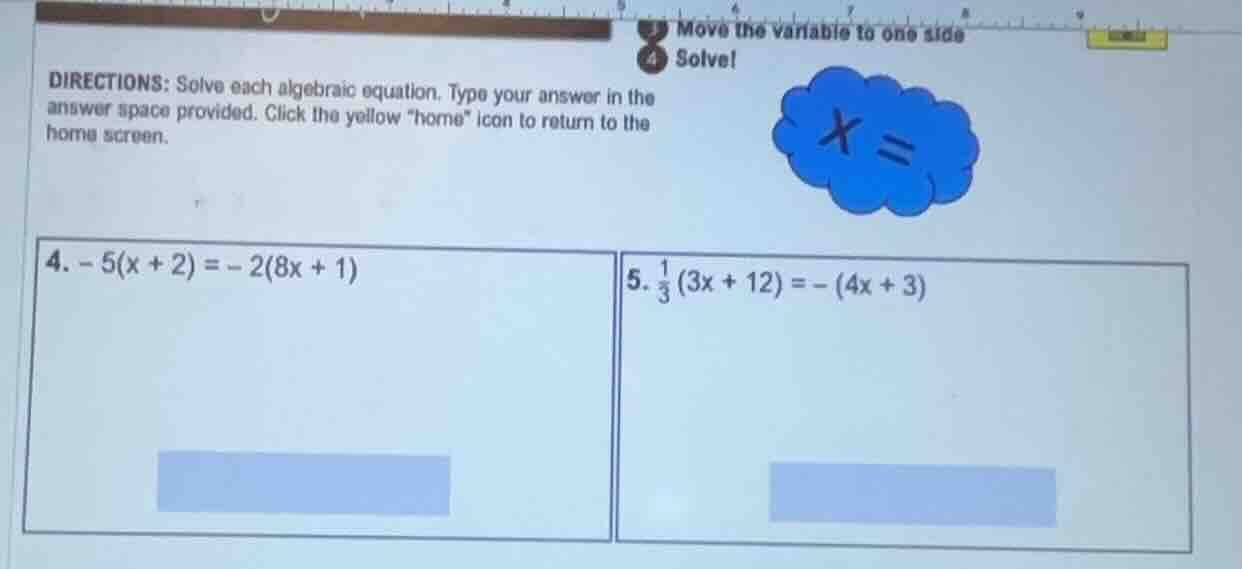 directions: solve each algebraic equation. type your answer in the answ…