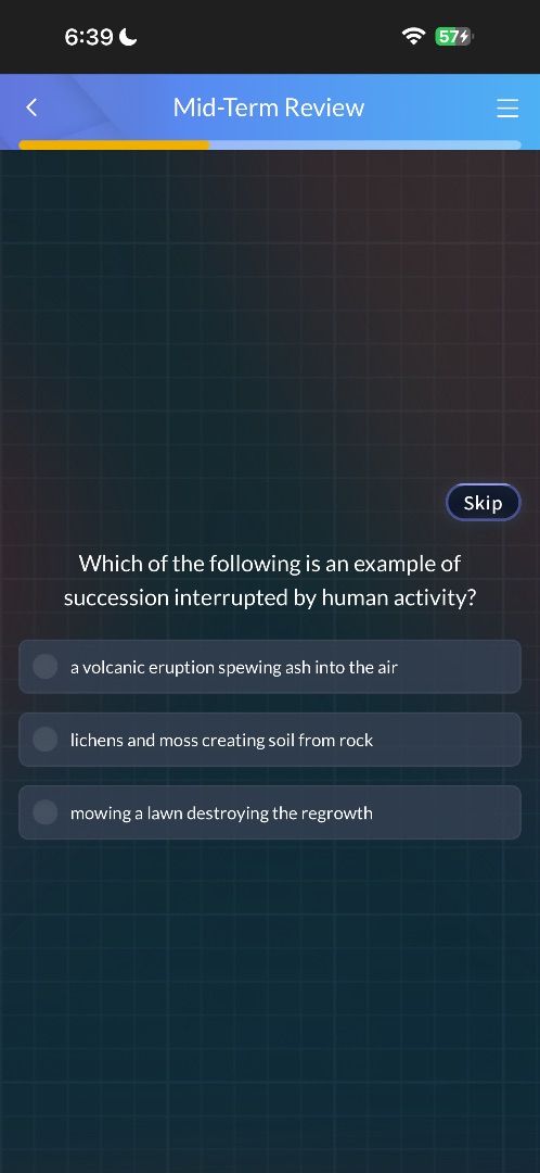 which of the following is an example of succession interrupted by human…