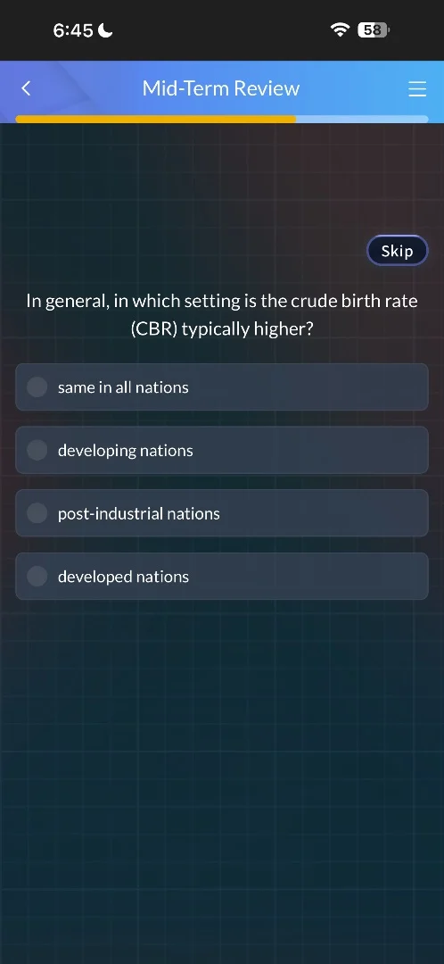 in general, in which setting is the crude birth rate (cbr) typically hi…