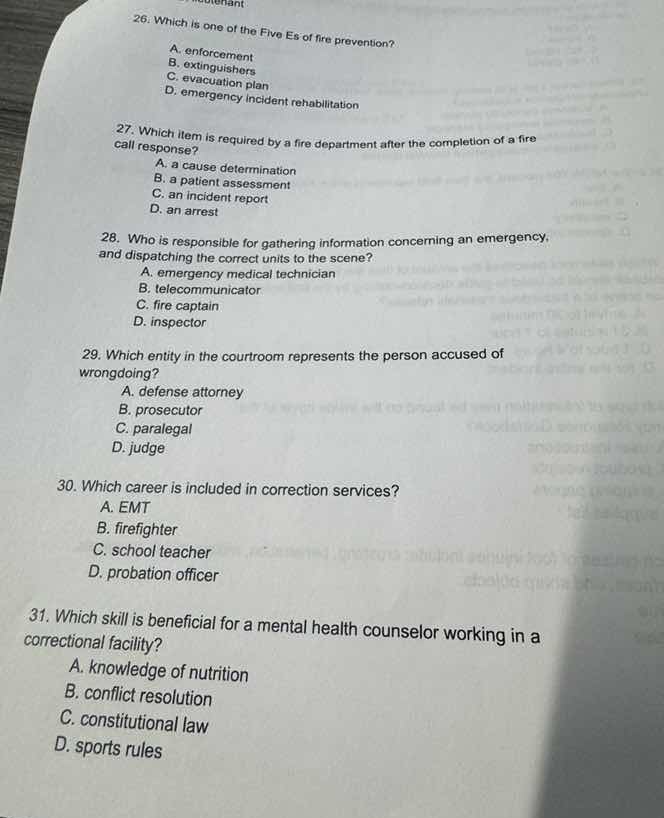 26. which is one of the five es of fire prevention? a. enforcement b. e…