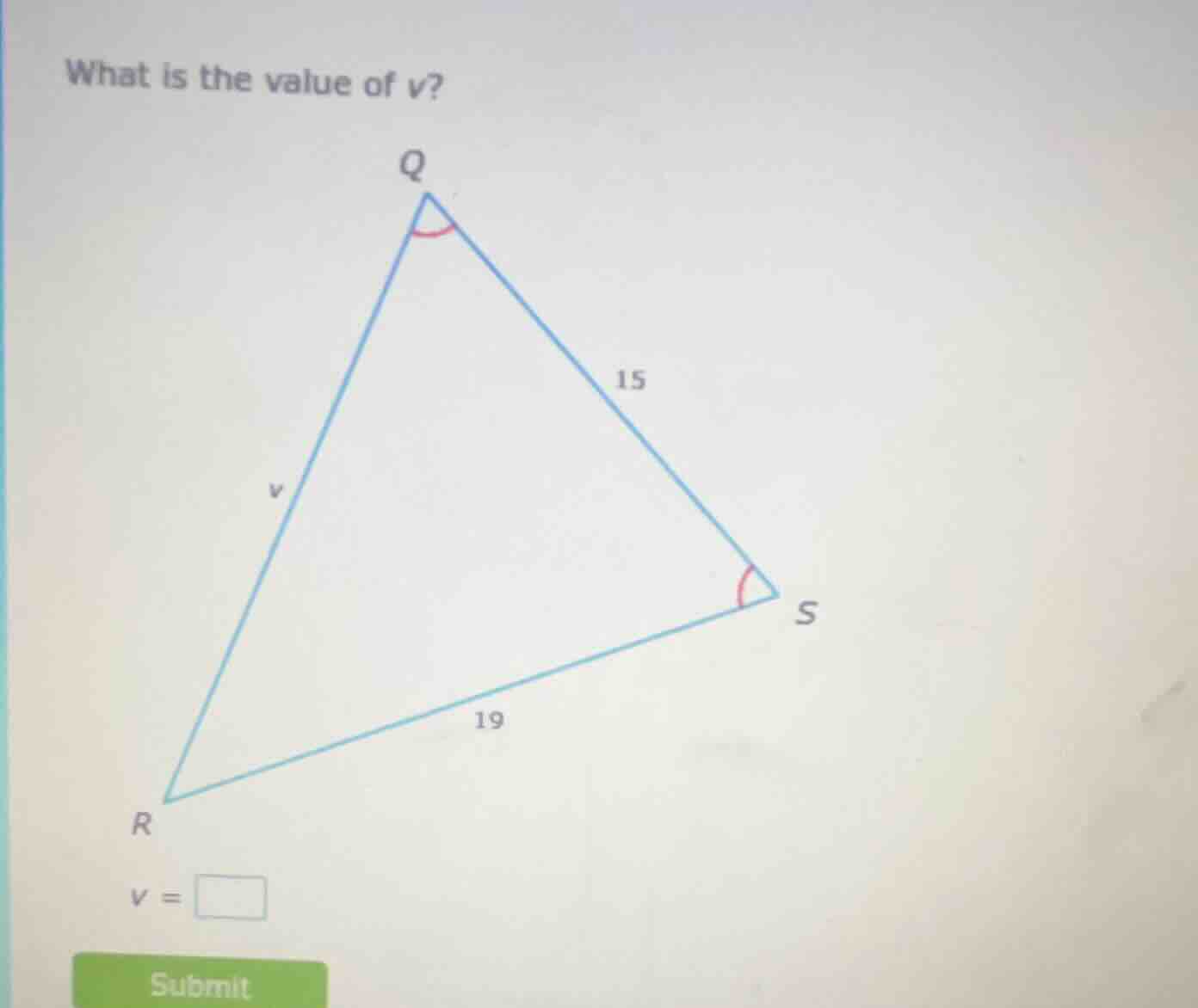 what is the value of v? (figure of triangle qrs with angle at q and ang…