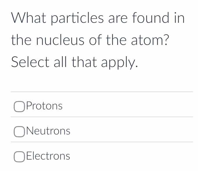 what particles are found in the nucleus of the atom? select all that ap…