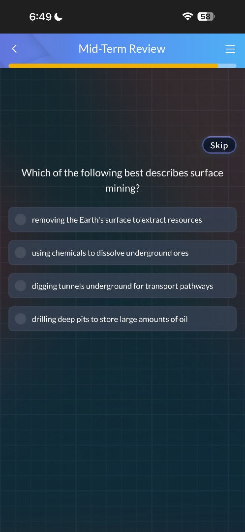 which of the following best describes surface mining? removing the eart…